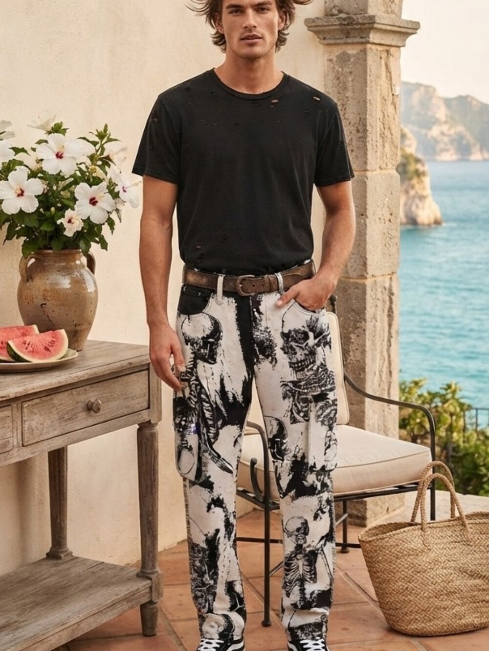 Rebel Black and White Skeleton Print Men’s Pants